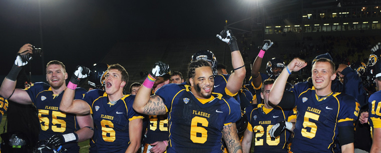 <p>Kent State football players celebrate after a hard-fought 41-24 win over Western Michigan Saturday afternoon at Dix Stadium.<br />
</p>