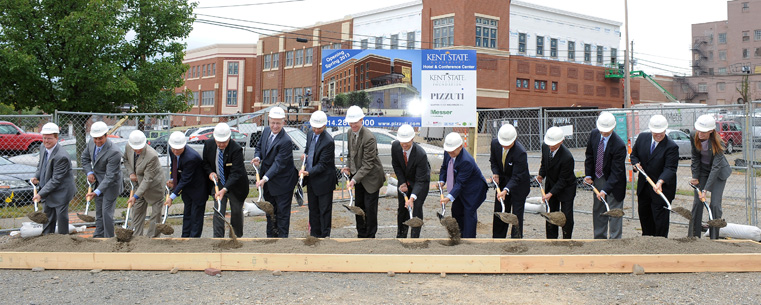 <p>President Lefton, Chairman and CEO of the Pizzuti Companies and Kent State alumnus Ron Pizzuti and local elected officials and dignitaries break ground for the new hotel and conference center located in downtown Kent.</p>