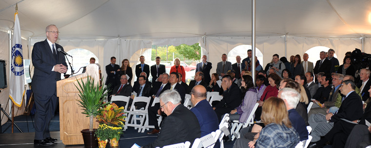 <p>President Lefton addresses those attending the Kent State University Hotel and Conference Center groundbreaking ceremony.<br />
</p>