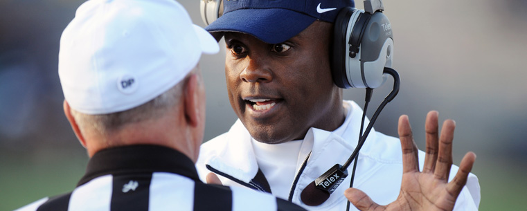 Head Coach Darryl Hazell argues a penalty call with an official during the second half of Kent State's 33-25 win over South Alabama.