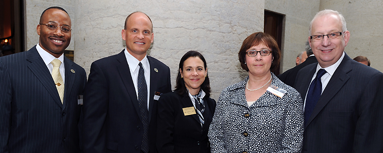 <p>(left to right) Senior Associate Vice President for University Relations Justin Hilton, Director of Athletics Joel Nielsen, Trustee Jane Murphy Timken, Linda Lefton and President Lester A. Lefton attend the centennial celebration luncheon in Columbus.</p>