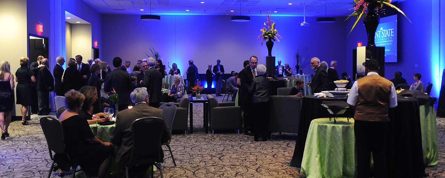 The ballroom of the new Kent State University Hotel and Conference Center is illuminated for the hotel's grand opening celebration the Friday evening of Homecoming weekend.