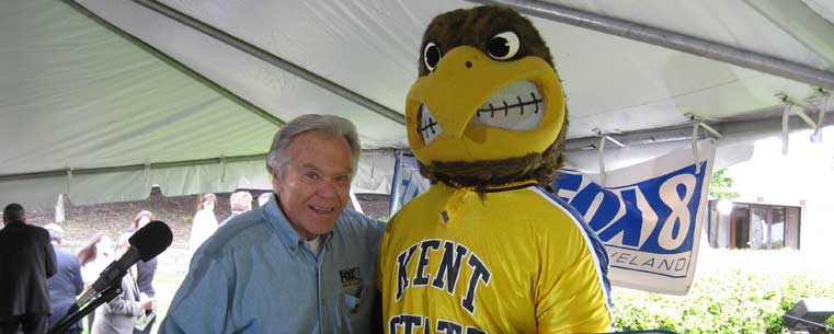 WJW-Fox 8 chief meteorologist and 1960 Kent State University graduate Dick Goddard poses with Kent State mascot Flash at a special dedication ceremony. A portion of South Marginal Road in Cleveland was renamed Dick Goddard Way in honor of Goddard's 50 years of being on television.