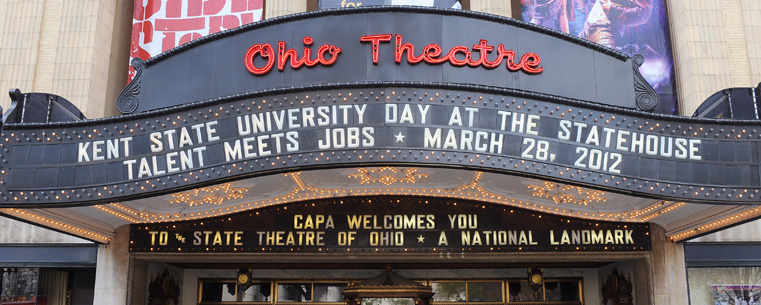 <p>The marquee of the Ohio Theatre welcomes members of the Kent State delegation to Capitol Square in Columbus.</p>