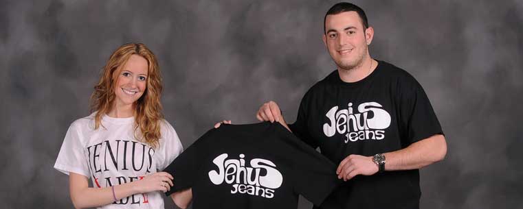 Kent State University student Ricky Bortz (right), a business management major, shows off some items from his denim and clothing line called Jenius Jeans Label.