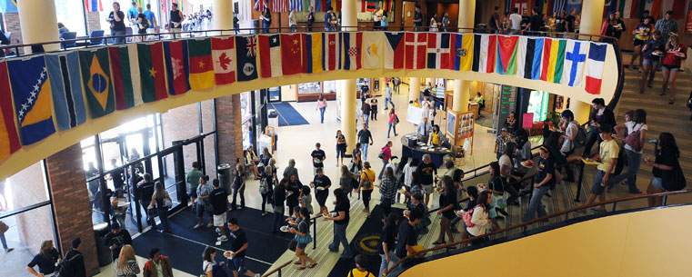 The lobby of the Student Center is packed with students during Welcome Weekend.