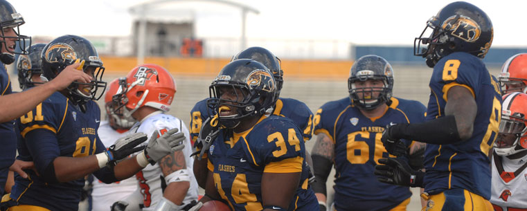 Kent State running back Trayion Durham, celebrates his touchdown during the Golden Flashes victory over Bowling Green.