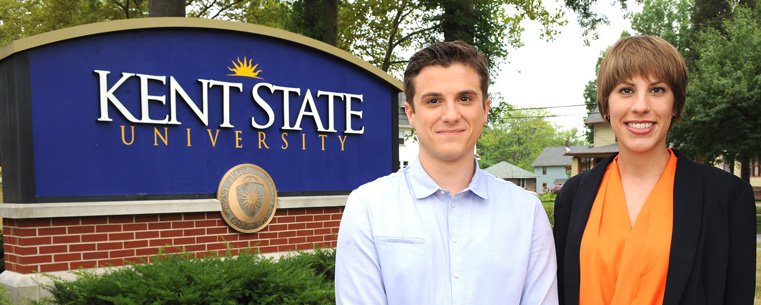 Kent State fashion merchandising student Scott Bunner and Kent State fashion design graduate Monique Burkett appear in a new commercial for the university.