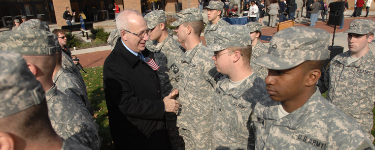 <p>Kent State University President Lester A. Lefton thanks members of Kent State's ROTC programs at the university's 2011 Veterans Day ceremony.<br />
</p>