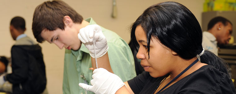 Students from area high schools participate in a lab exercise in Cunningham Hall on the campus of Kent State University. The program is a partnership between Kent State and Cleveland Clinic.