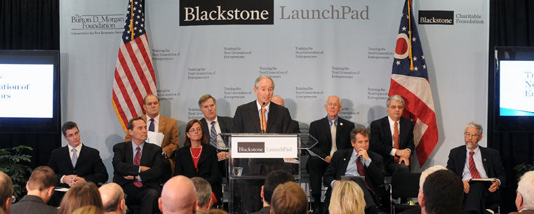 Stephen A. Schwarzman, Blackstone chairman and CEO, addresses those attending the The Blackstone Charitable Foundation and The Burton D. Morgan Foundation's announcement of a $3.2 million, three-year partnership to train the next generation of entrepreneurs in Northeast Ohio.