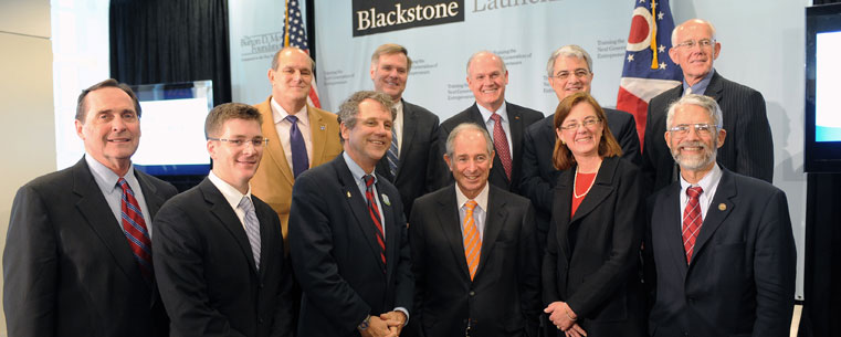 The Blackstone Charitable Foundation and The Burton D. Morgan Foundation announced a $3.2 million, three-year partnership to train the next generation of entrepreneurs in Northeast Ohio. At the conclusion of the event, Dr. Robert Frank (back, left), Kent State’s provost and senior vice president for Academic Affairs, joins the event participants for a group photo.