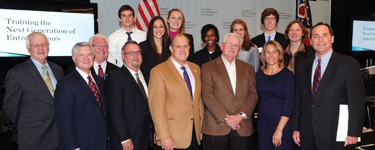 Members of the Kent State University community gather with Ohio Board of Regents Chancellor Jim Petro (right) at The Blackstone Charitable Foundation and The Burton D. Morgan Foundation's announcement of a $3.2 million, three-year partnership to train the next generation of entrepreneurs in Northeast Ohio.