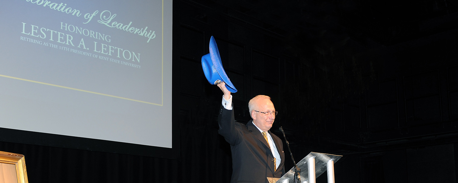 Kent State President Lester A. Lefton acknowledges his supporters during the Celebration of Leadership event held April 4 in the Black Box Theatre.