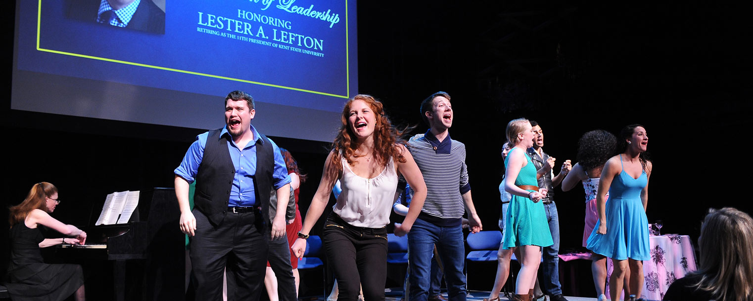 Kent State students perform for President Lester A. Lefton during the Celebration of Leadership evening reception held April 4 in the Black Box Theatre.