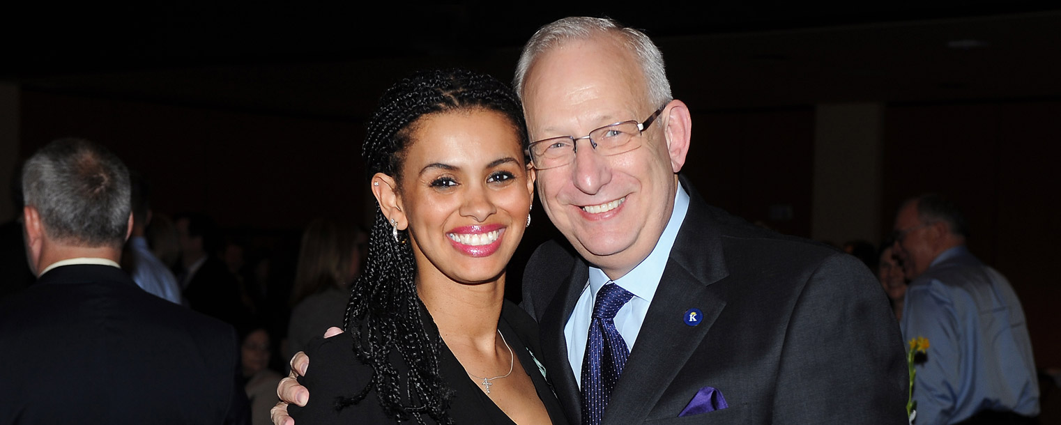 Kent State President Lester A. Lefton visits with Lashonda Taylor, director of academic events and faculty initiatives, during the university’s April 4 afternoon reception held in the Kent Student Center Ballroom.