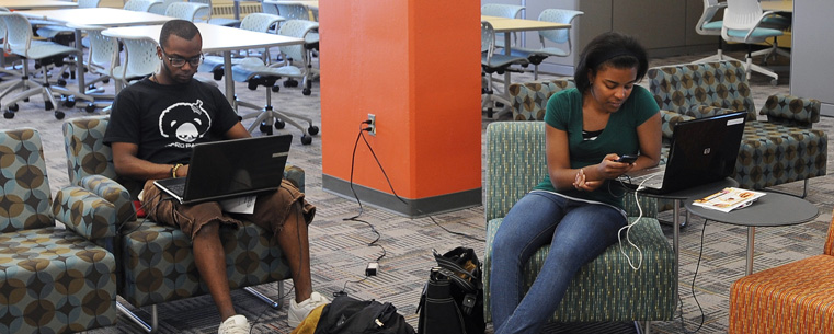 <p>Kent State students gather in the “Fab Fourth,” a new area on the fourth floor of the University Library designed for students. The “Fab Fourth” includes UCommute, a new center for commuter services, and the Writing Commons, the university’s writing center.<br />
</p>