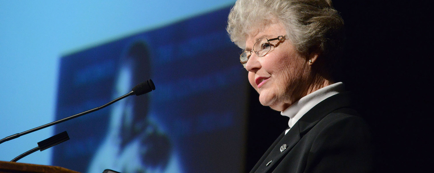 Judy Devine speaks in the Kent Student Center Ballroom after being announced as the winner of Kent State's 2014 Diversity Trailblazer Award.