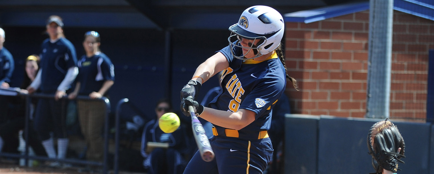 Kent State softball player Maddy Grimm takes a swing during a home game.