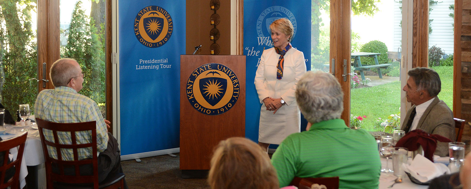 Kent State President Beverly Warren greets Kent State alumni at the Lakehouse Inn located in Geneva-on-the-Lake, Ohio, during the first day of the Presidential Listening tour. It also was Warren’s first day as university president.