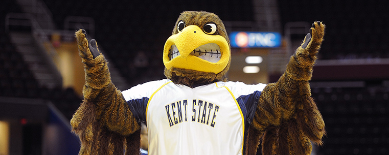 Flash, Kent State’s mascot, reacts to a call from an official during last year’s MAC Tournament in Cleveland.