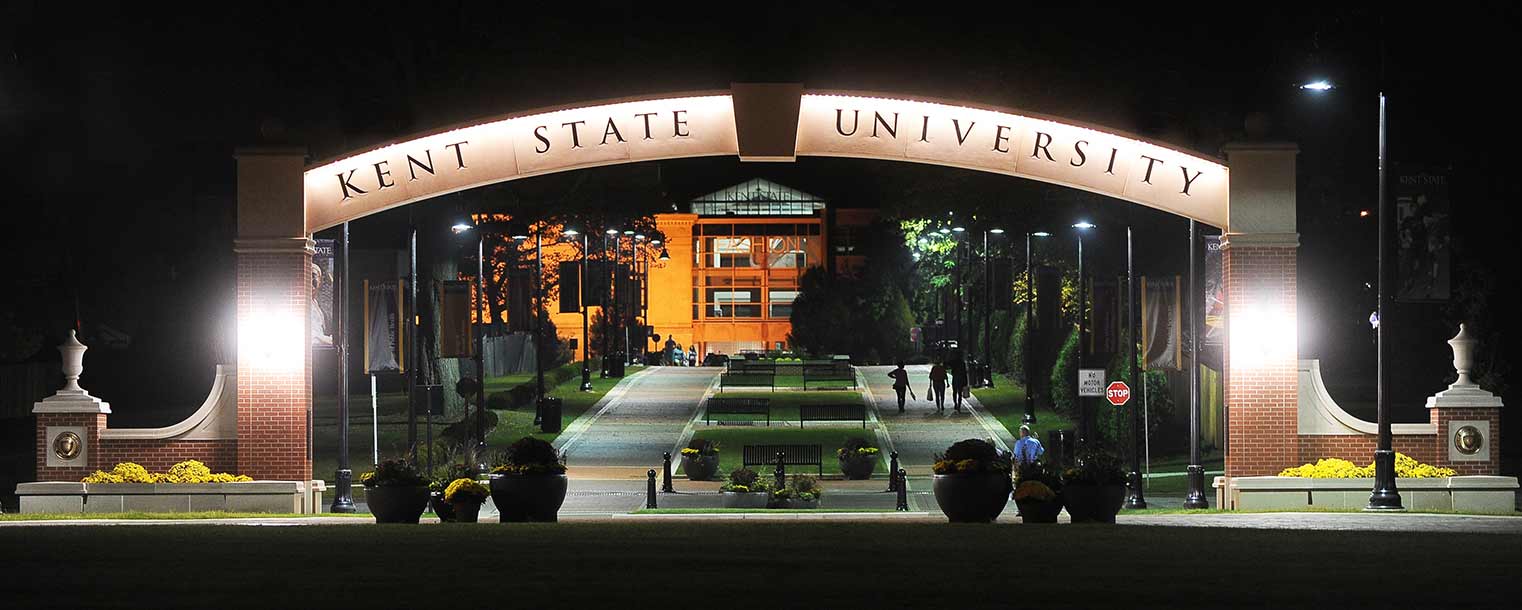 The Kent State University Esplanade arch is lit up the Friday evening of Homecoming weekend. The arch is located across the street from the new Kent State University Hotel and Conference Center.