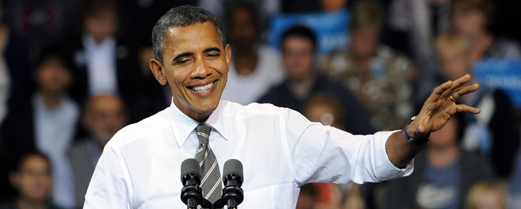 President Barack Obama makes a point during his speech in the MAC Center at Kent State University.