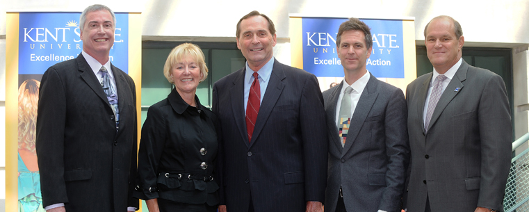 <p>(left to right) College of the Arts Dean John Crawford, Board of Trustees Chair Jacqueline Woods, Ohio Board of Regents Chancellor Jim Petro, Fashion School Director J.R. Campbell and Provost and Senior Vice President for Academic Affairs Robert G. Frank gather at a press conference in Rockwell Hall.</p>