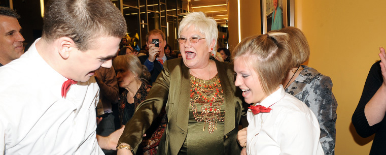 <p>Kent State philanthropist Roe Green is escorted by dance students into the Black Box theatre in the newly completed Roe Green Center for the School of Theatre and Dance.<br />
</p>