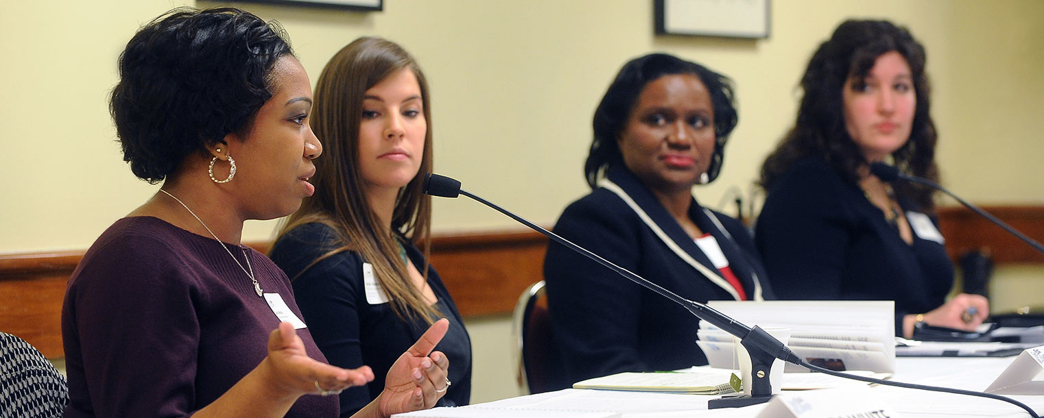 Cara White (far left), an academic program officer at Kent State’s Duel Enrollment Programs, offers input regarding dual enrollment, Upward Bound and Post-Secondary Enrollment Options Programs.