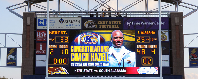 The scoreboard in Dix Stadium joins the fans in congratulating Coach Darryl Hazell on his win over South Alabama.