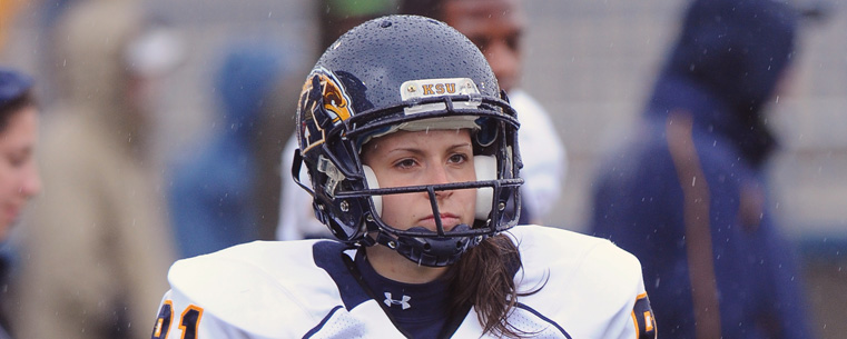 April Goss, the football team's first-ever female walk-on player, keeps an eye on the action during the Kent State Football Spring Game.