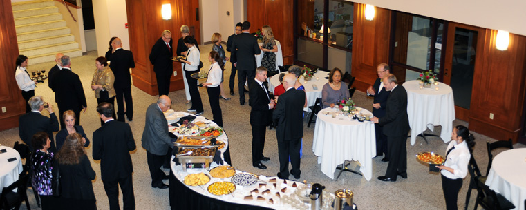 Guests enjoy the pre-event reception for the All-Steinway designation, in Cartwright Hall.