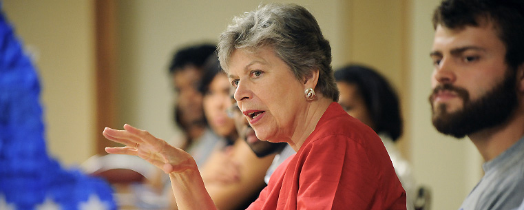 Ohio First Lady Frances Strickland responds to a question from a Kent State student during a discussion of policy that occurred when she visited Kent State University on June 17.