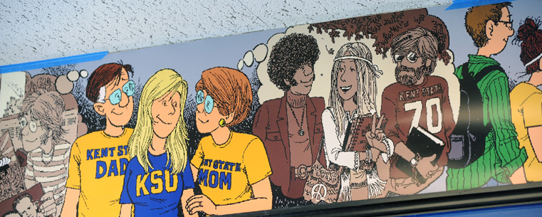 A small segment of the Kent State-related mural awaits final installation in The Nest, the new student lounge located in the Kent Student Center.