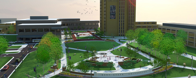 <p>Kent State University has started initial construction activities on the Student Green project in the Kent Student Center area, located at the heart of the campus. The project is expected to be completed in mid-October 2012. (Image courtesy of SmithGroupJJR)</p>