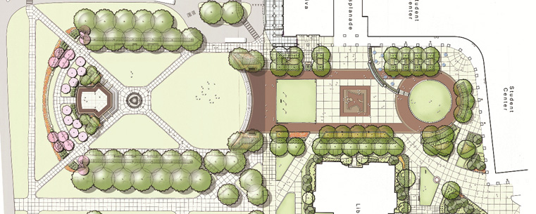 The new Student Green at Kent State University will extend from the recently renovated Risman Plaza to the lawn area south, creating a contiguous green space from the current student center plaza to Summit Street. (Image courtesy of SmithGroupJJR)