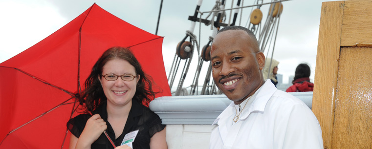 <p>Justin Hilton, senior associate vice president with University Relations, enjoys a voyage on Lake Erie on the tall ship Denis Sullivan with Corianne Kocarek, program coordinator with the Center for Corporate and Professional Development at Kent State.</p>