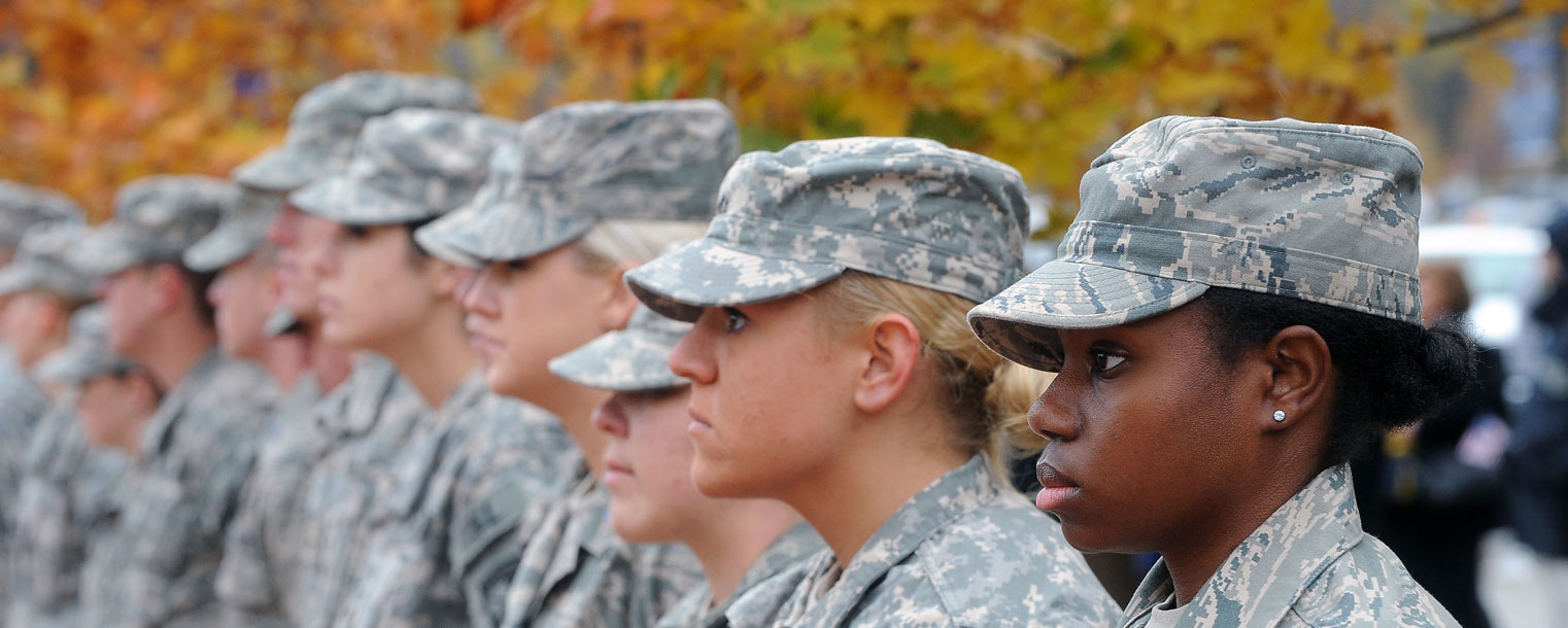 Kent State ROTC students line up in formation for the university’s annual Veterans Day observance on Risman Plaza.