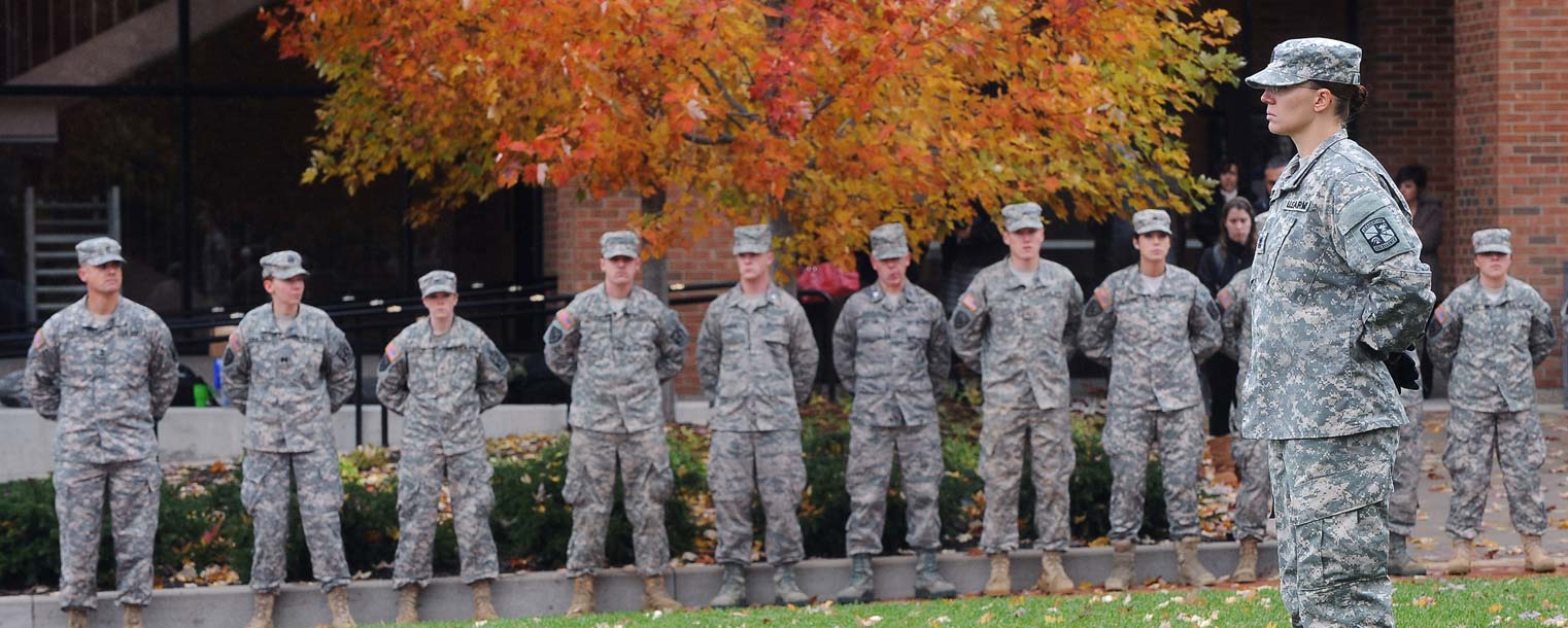 Kent State ROTC students line up in formation for the university’s annual Veterans Day observance on Risman Plaza.