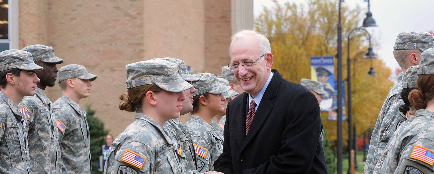 Kent State President Lester A. Lefton personally greets and thanks Kent State ROTC students during the university’s annual Veterans Day observance on Risman Plaza.