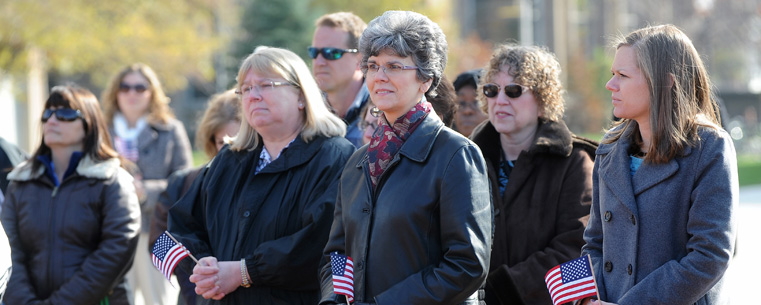 Members of the Kent State University community honor military personnel by attending the annual Veterans Day ceremony on the Risman Plaza.