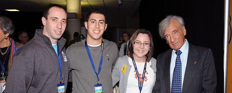 Elie Wiesel poses for a photo with Kent State students who attended the pre-event reception in the Memorial Athletic and Convocation Center.