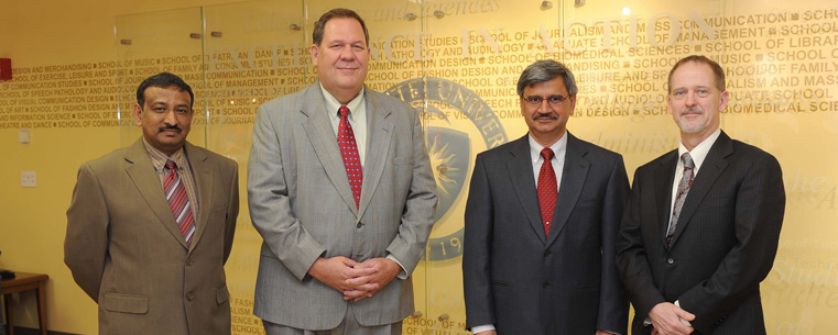 <p>Pictured: Javed Khan, professor/chair of Department of Computer Science; Ed Mahon, vice president for information services/chief information officer; Satyendra Kumar, associate vice president for research; Grant McGimpsey, vice president for research.<br />
</p>