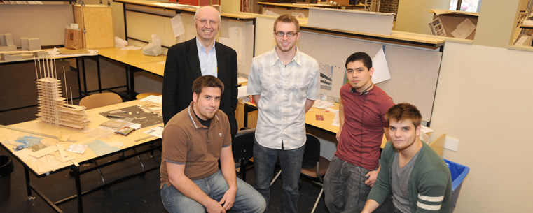 Architecture students Ben Grimm, &nbsp;Travis Vannoy, Amadeus Escudero, Joe Grescovich, along with Maurizio Sabini, associate professor of Architecture and Urban Design. The students are participating the the Titanium Pedestrian Bridge Design Competition.