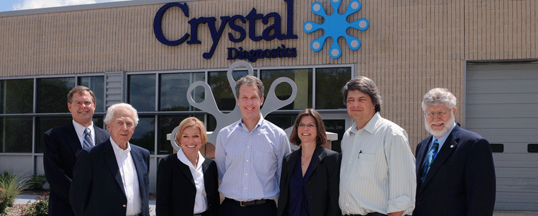 Mark Kvamme (center), interim chief investment officer and president of JobsOhio, visited Crystal Diagnostics with his staff, Kent State University and NorTech representatives, and members of the Crystal Diagnostics board of directors. Pictured are (from left to right): Greg Wilson of Kent State University; Paul Rapetto of Crystal Diagnostics; Maria Schimer of NEOMED and Crystal Diagnotics; Kvamme; Rebecca Bagley of NorTech; Dan Minardi of Crystal Diagnostics; and Gary Niehaus of NEOMED and Crystal Diagnostics.