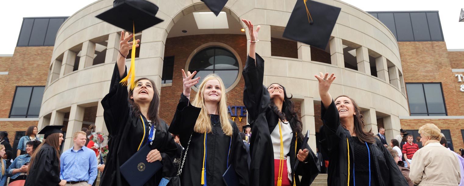 <p>Kent State graduates celebrate in front of the Memorial Athletic and Convocation Center following their Commencement ceremony.</p>
