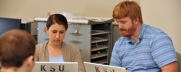 Kent State students in a digital sciences/journalism collaborative class work on website design.