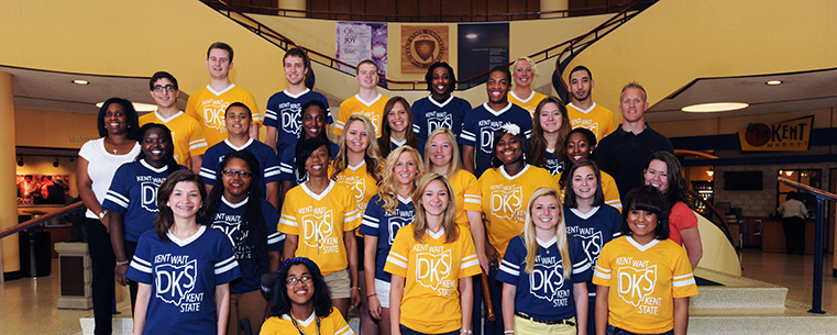 Flashguides, a group of diverse and fun-loving students, serve as mentors to new students during the Destination Kent State advising and registration program. Twenty-two students make up this year's Flashguides class.