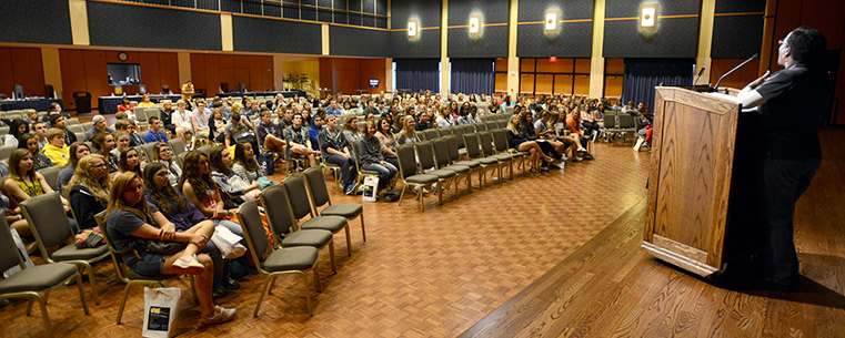 Incoming freshmen take part in the 2013 Destination Kent State summer program in the Kent Student Center Ballroom.